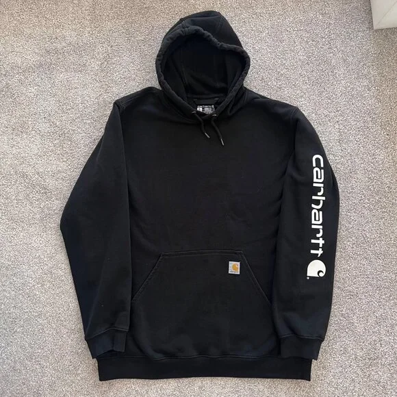 Carhartt K288 Loose Fit Black Hoodie with White Logo Down the Sleeve sz XL Tall - Picture 1 of 6